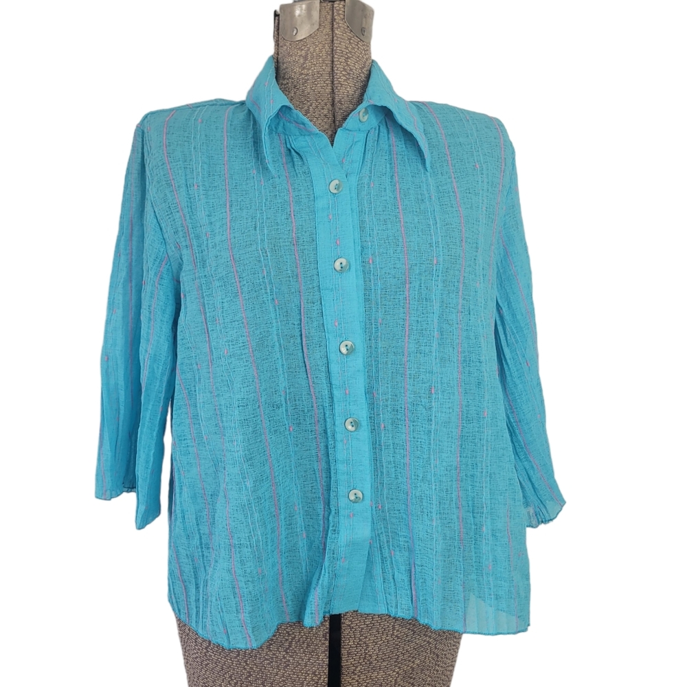 Samsara blue and pink striped button down shirt